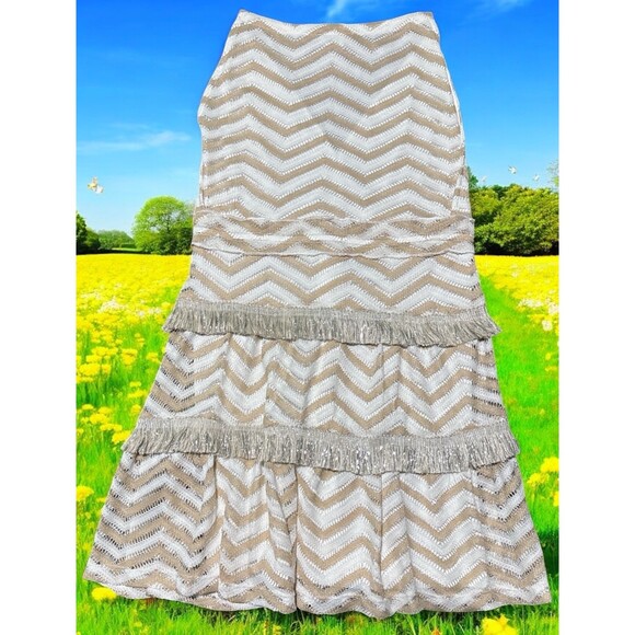 Venus Dress Size 2 Ivory Beige Chevron Fringe Tiered Boho Mini Sleeveless Lined - Picture 3 of 4